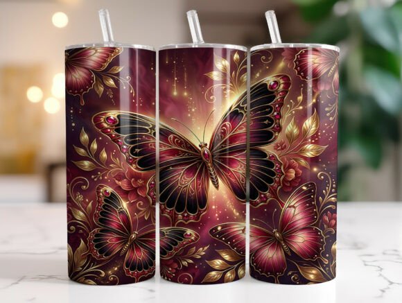 Burgundy Gold Butterfly Tumbler Wrap PNG Review