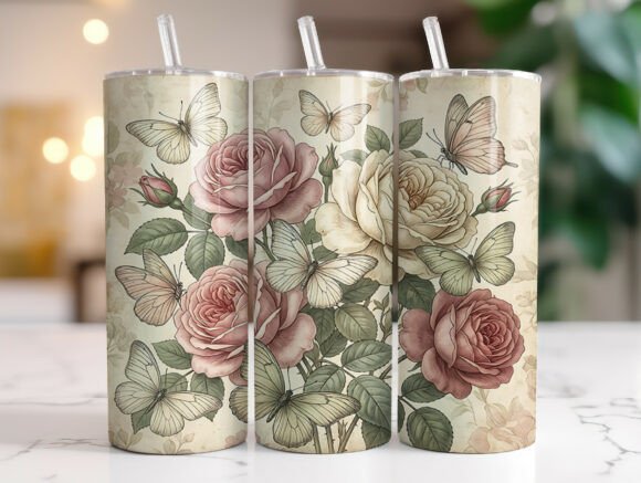 Vintage Rose Butterfly 20oz Tumbler Wrap